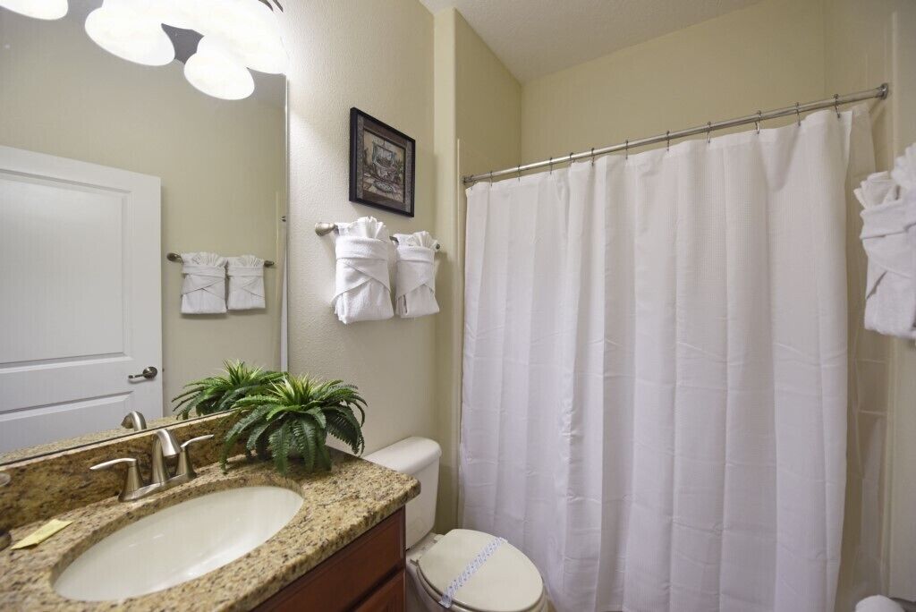 A bathroom with a granite sink, a toilet, a shower curtain, and a framed picture on the wall.