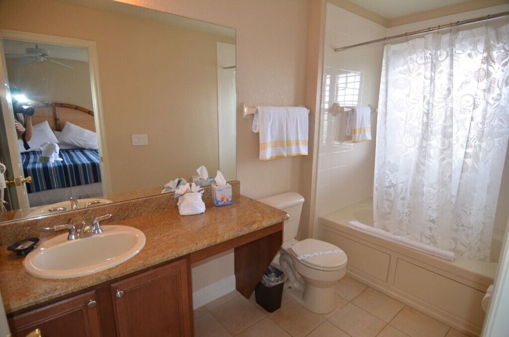 A bathroom with a sink, mirror, toilet, and shower curtain.