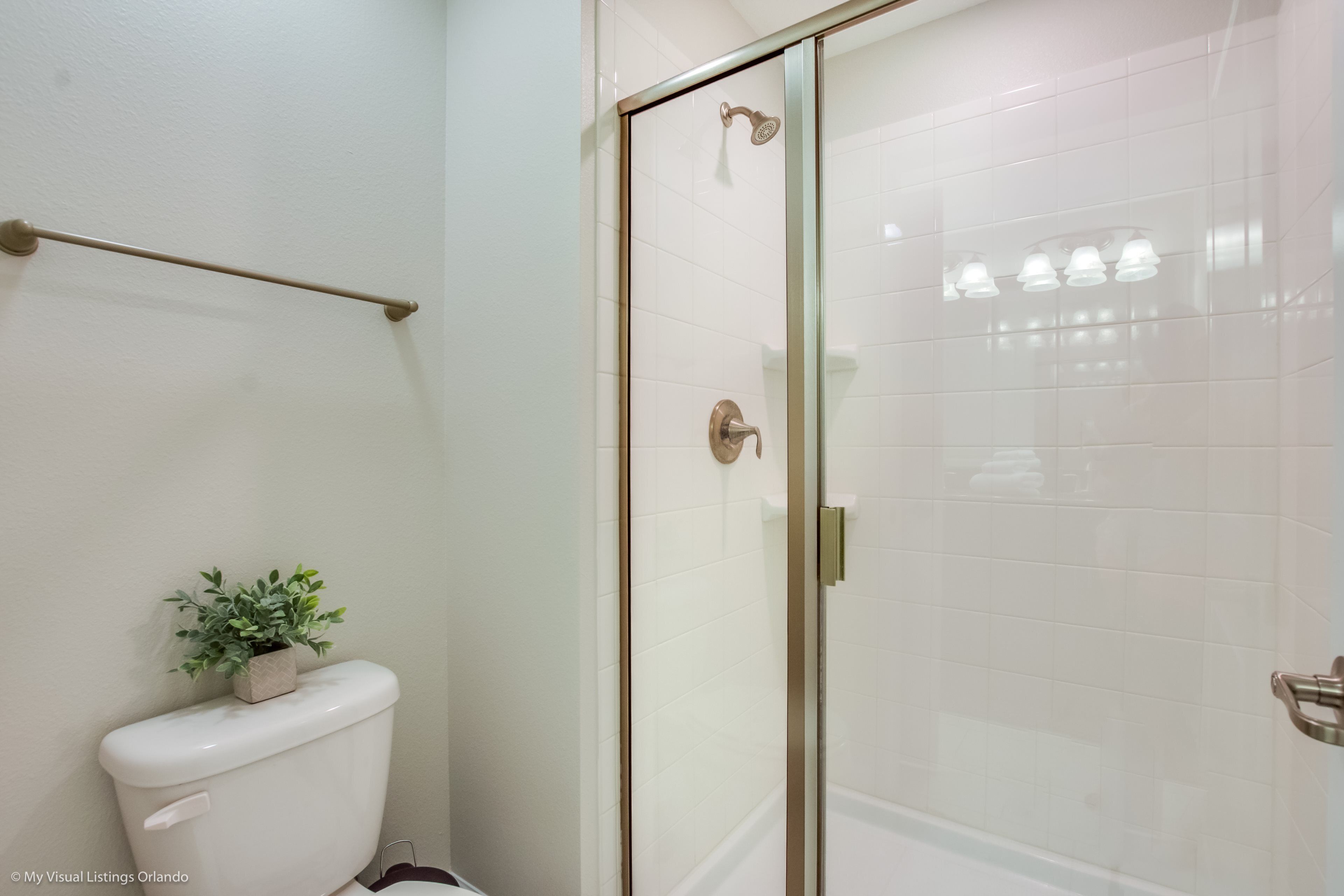 A bathroom with a glass-enclosed shower, a toilet, and a small potted plant.