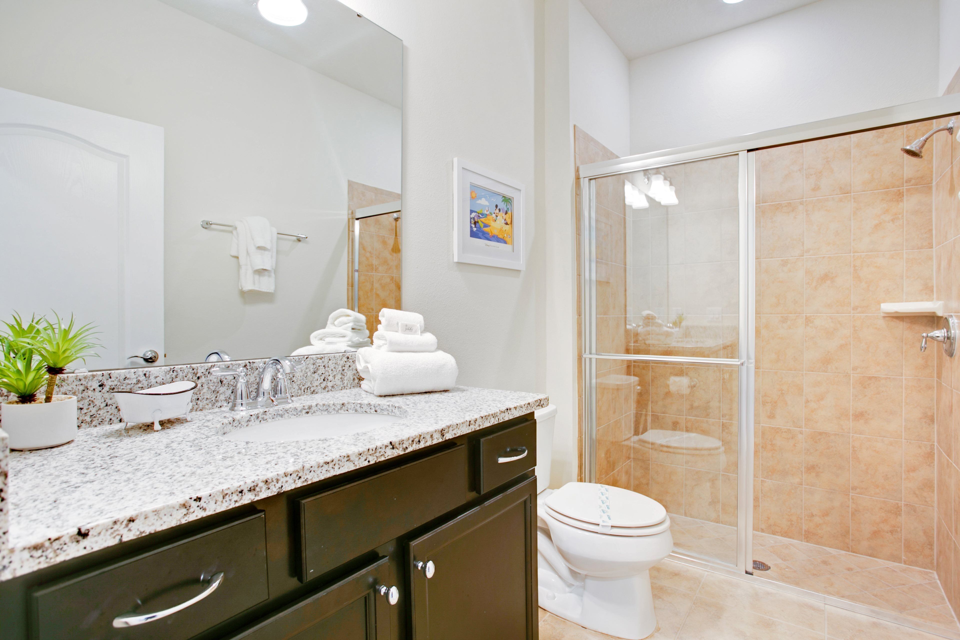 A modern bathroom with a granite countertop, a white toilet, a glass-enclosed shower, and a potted plant.