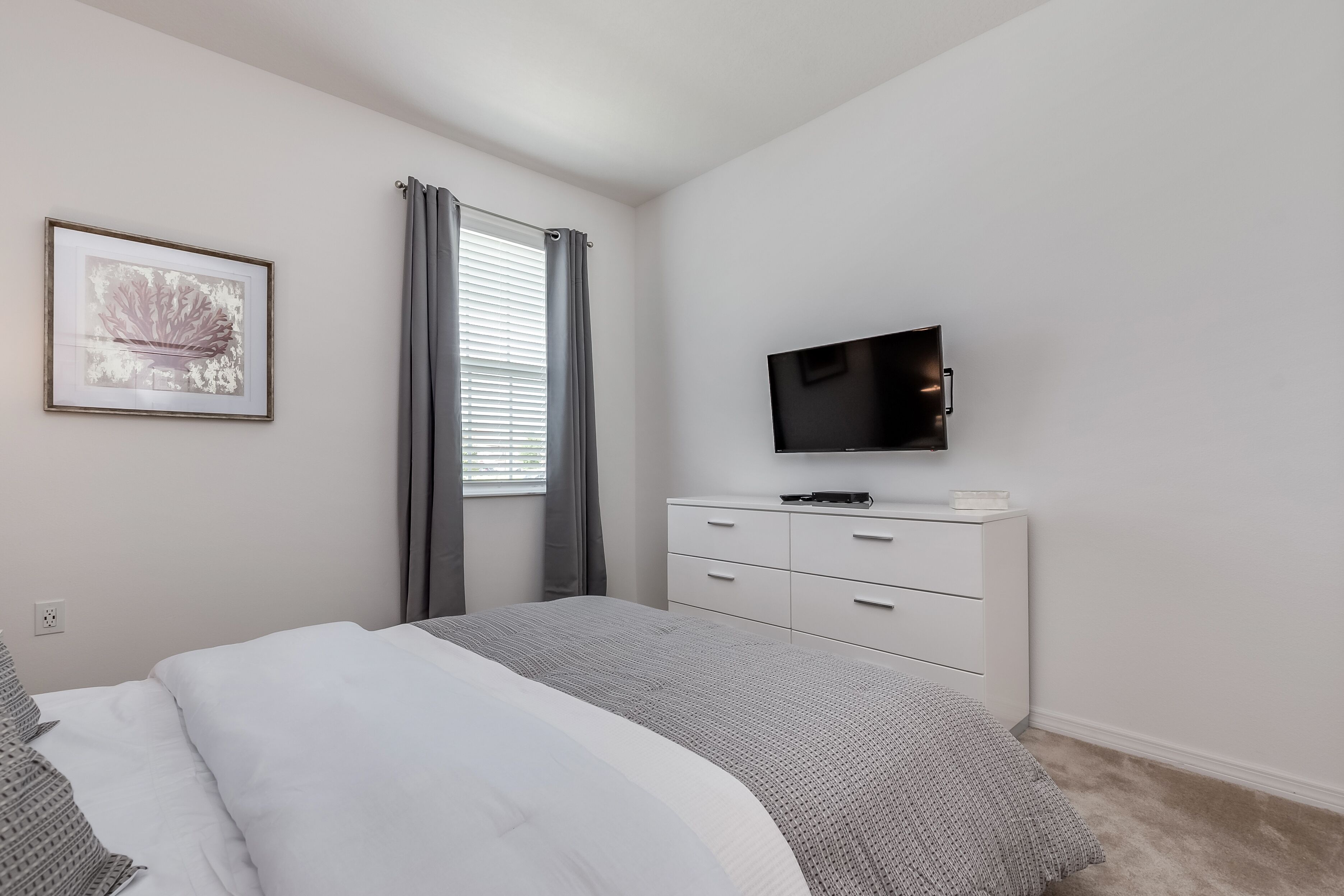 A bedroom with a bed, a TV, a dresser, and a framed picture on the wall.