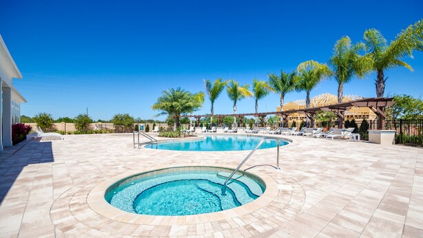 A swimming pool area with a hot tub, lounge chairs, and palm trees.