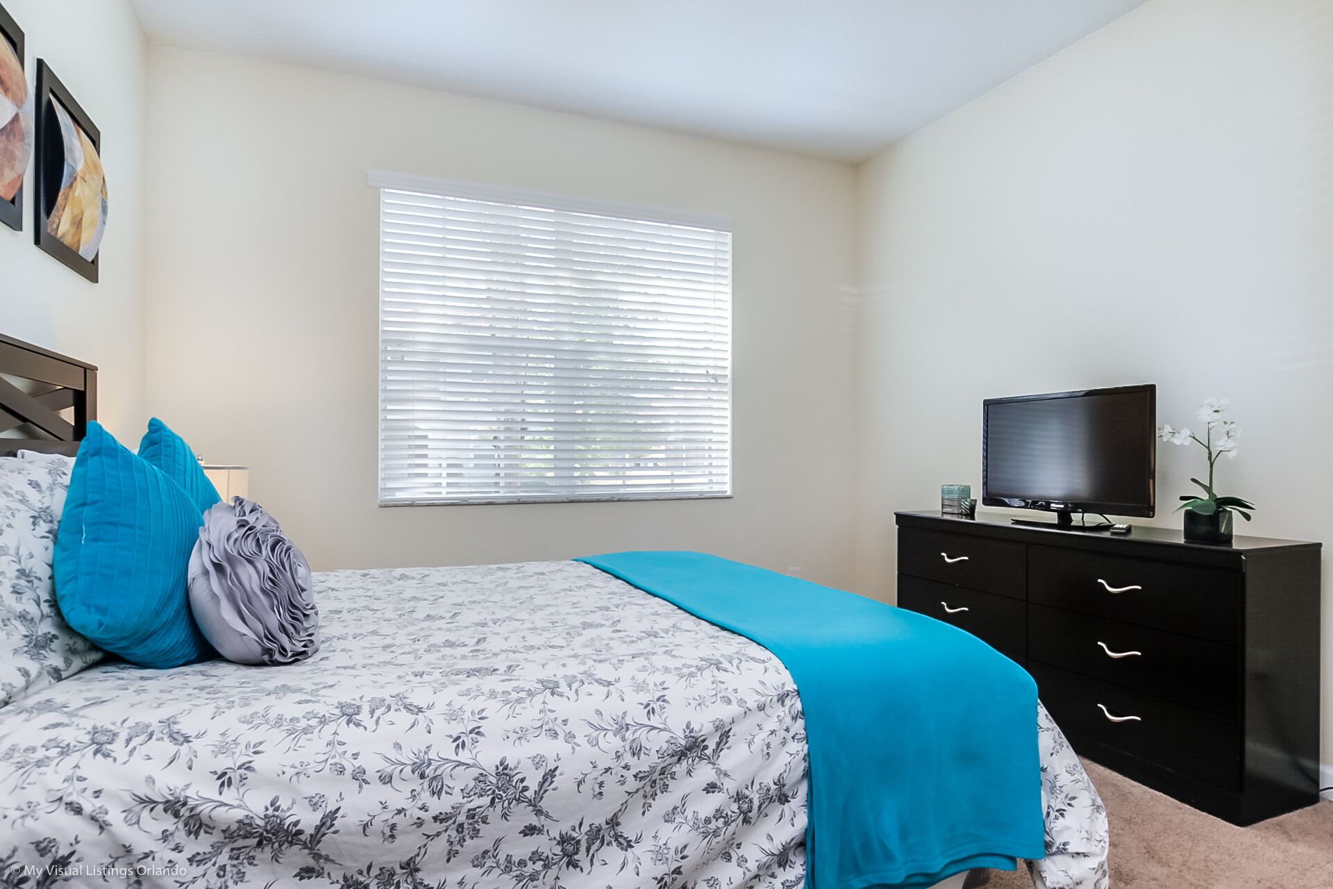 A bedroom with a bed, a TV on a dresser, a window with blinds, and a plant.