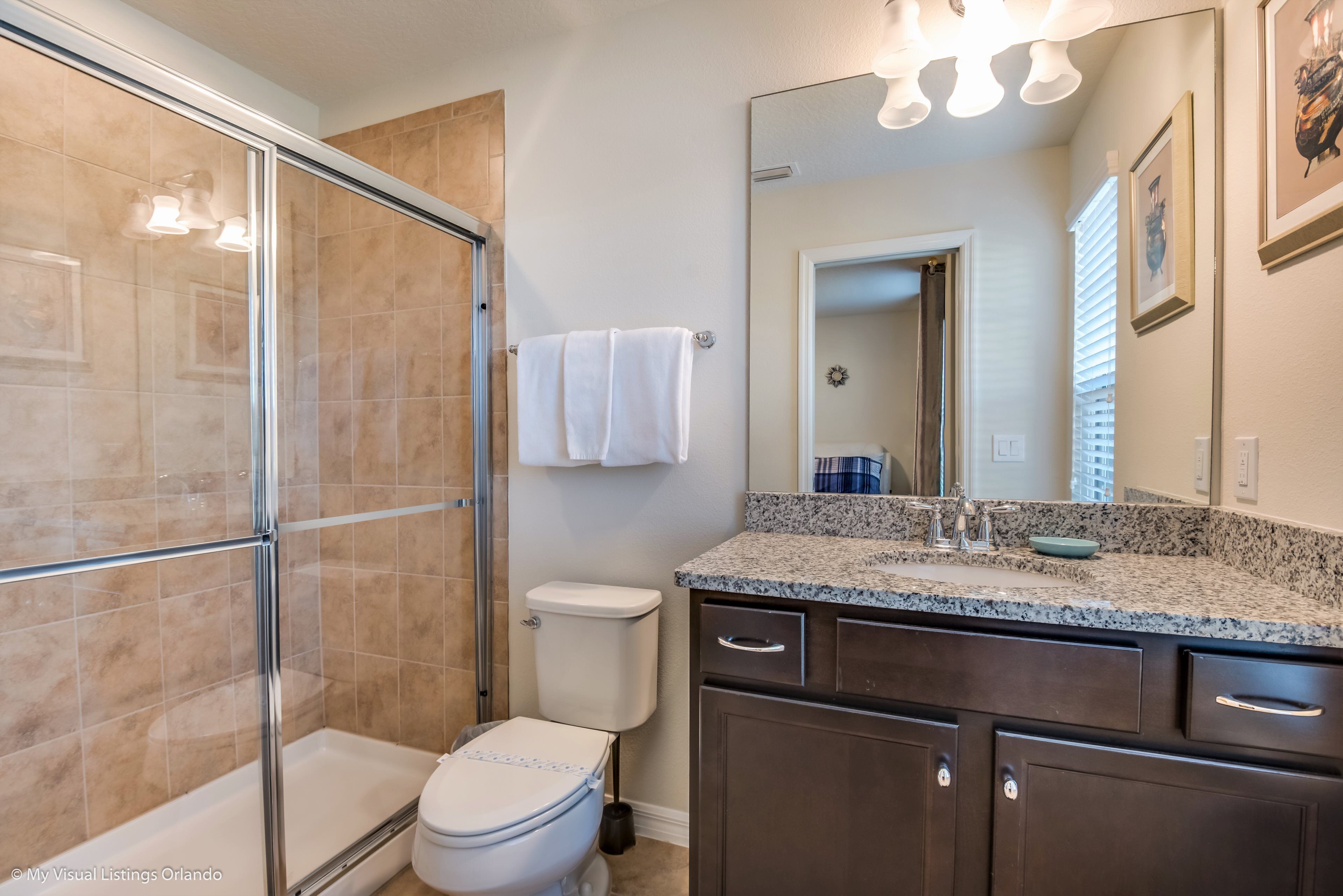 A bathroom with a glass shower enclosure, a toilet, a sink with a granite countertop, and dark wooden cabinets.