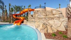 A water slide at a resort pool with a rocky backdrop and palm trees. - 4582terra (Davenport)