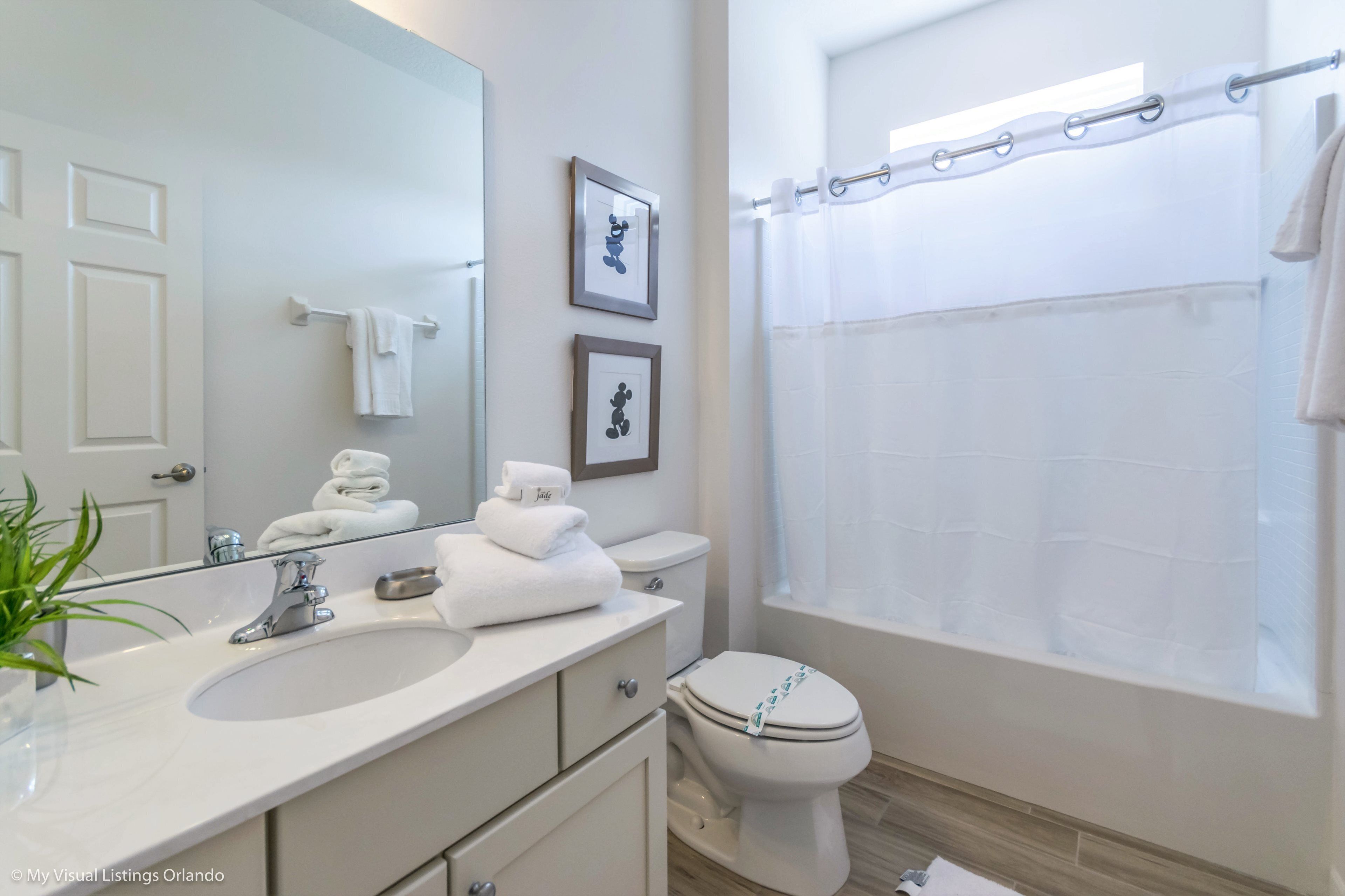 A bathroom with a white sink, toilet, and shower curtain. There are framed pictures on the wall and a towel rack.