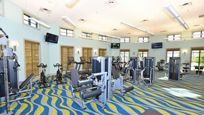 Een sportschool met diverse fitnessapparaten, een gekleurd tapijt en grote ramen voor natuurlijk licht.