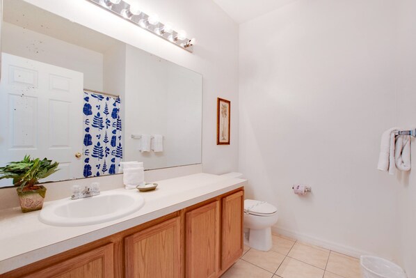 A bathroom with a white sink, wooden cabinets, a large mirror, a toilet, and a framed picture on the wall.