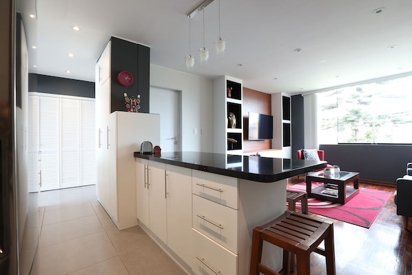 Apartment | Eigene Küche | Kühlschrank, Mikrowelle, Herdplatte, Wasserkocher mit Kaffee-/Teezubehör