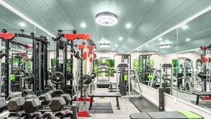 A gym with various exercise equipment, mirrors, and a bench. - Lake House Pets allowed (Orlando)
