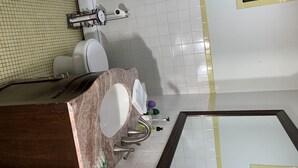 A bathroom with a toilet, sink, and shower area. - 1 bedroom apt.Minutes to Encore Casino and Boston. (Revere)