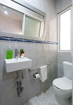 Shower, hair dryer, towels, soap