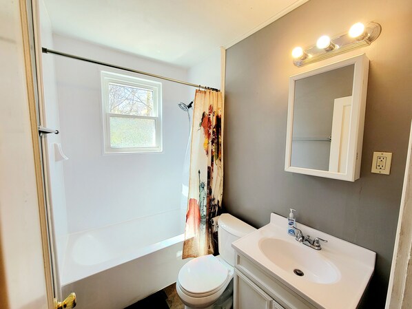 Baño con ducha, inodoro, lavabo y espejo con iluminación.
