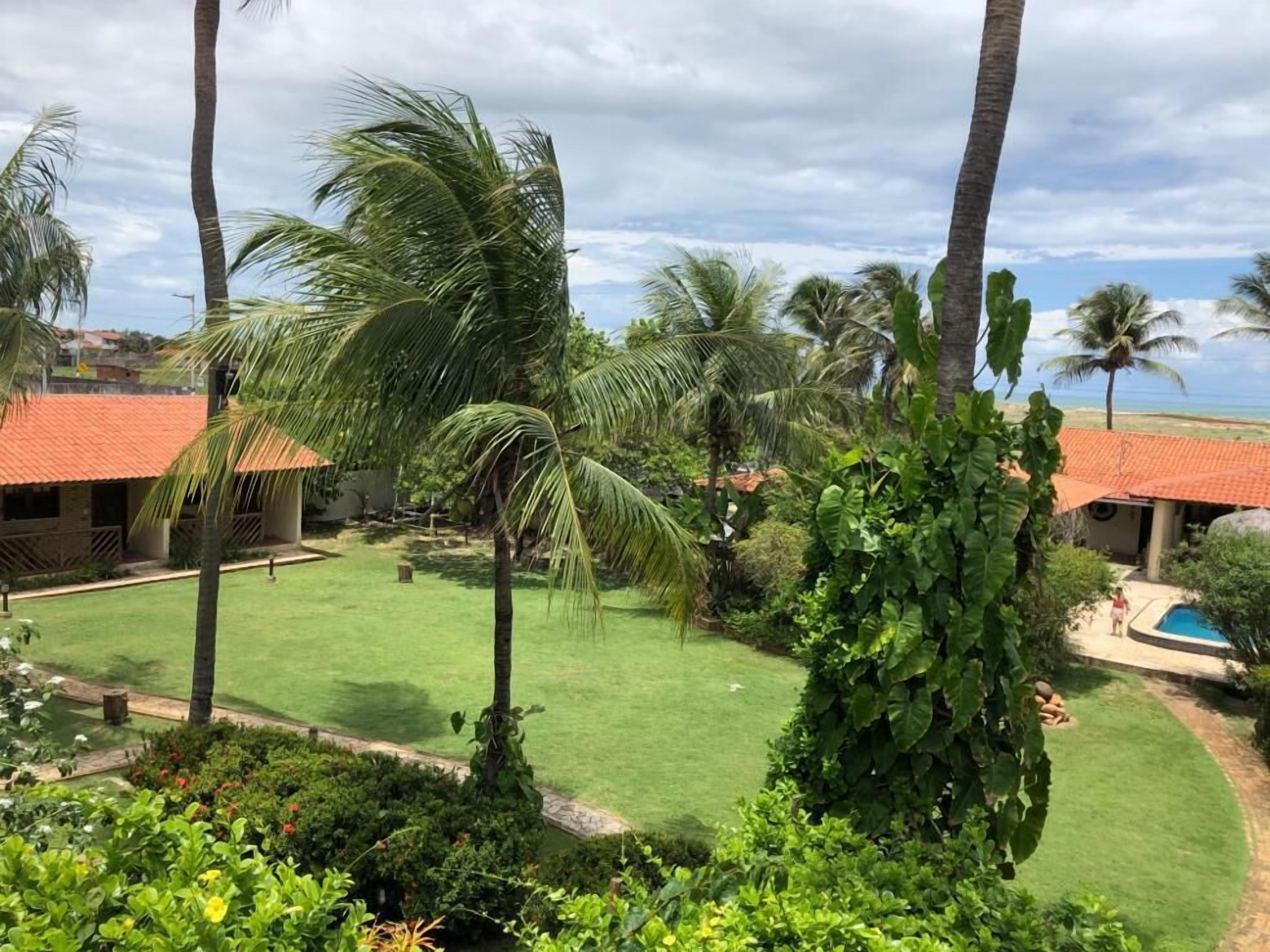 Un césped bien cuidado con palmeras, una piscina y vistas al océano.