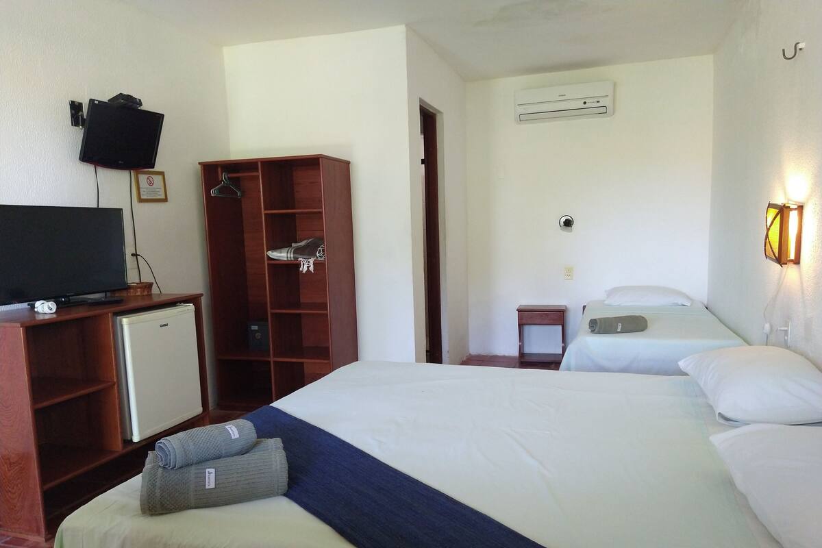 A hotel room with a bed, a TV, a wardrobe, a desk, and a small fridge.