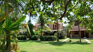A well-maintained garden with a wooden fence, palm trees, and a brick building with a tiled roof.