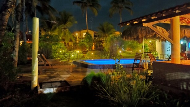 A nighttime view of a pool area with a thatched-roof structure, palm trees, and a well-lit swimming pool.