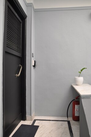 A hallway with a black door, a white wall, a potted plant, and a fire extinguisher. - Athens Heart Renovated Apartment (Athina)