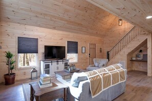 Smart TV, fireplace, books, stereo