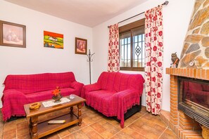 Una televisión, una chimenea, un reproductor de DVD