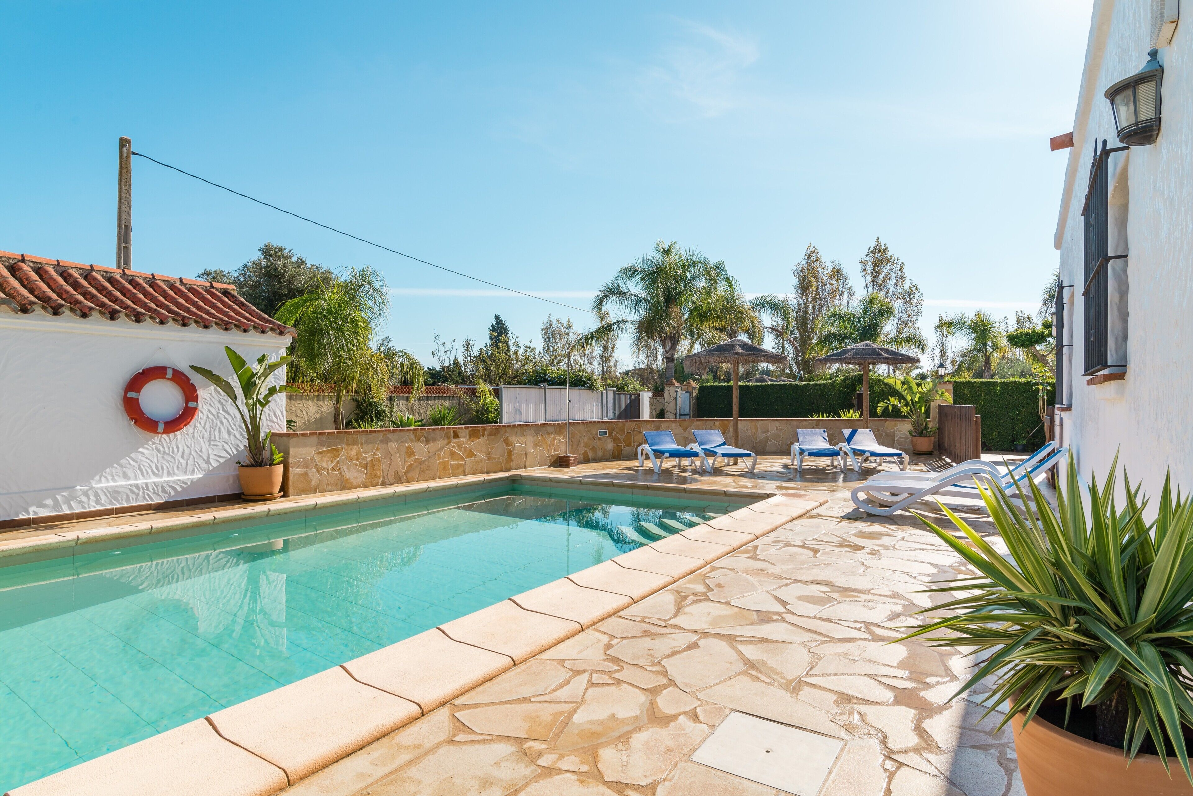 A swimming pool with a tiled deck, a lifebuoy, and lounge chairs.