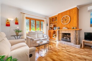 Televisie, een open haard, een dvd-speler en een stereo