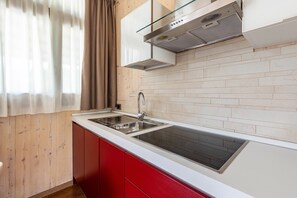 Fridge, microwave, stovetop, coffee/tea maker