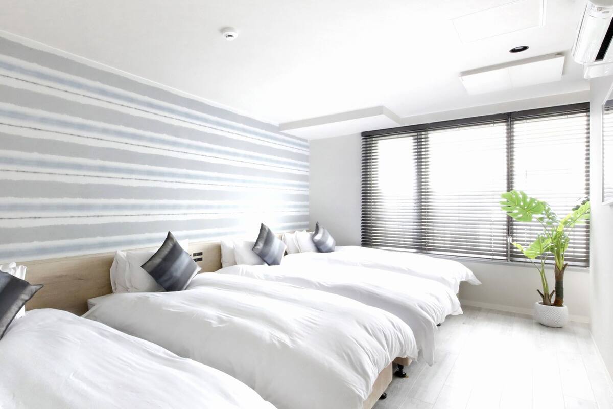 A modern hotel room with a large bed, a potted plant, and a window with blinds.