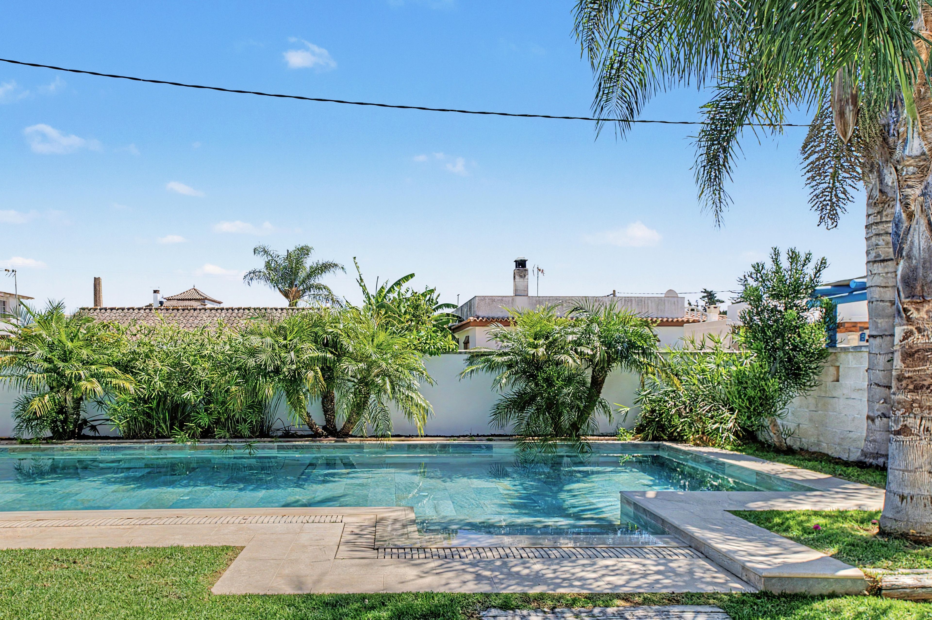 Une piscine à l’eau d’un bleu cristallin, entourée d’une pelouse et de diverses plantes tropicales.