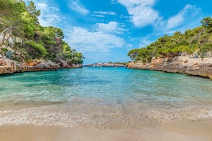 Ein Strand mit klarem türkisblauem Wasser, felsigen Ufern und dichtem Grün.