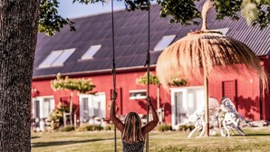 A child on a swing in a grassy area with a red building in the background. - Halmstad Gårdshotell (Halmstad)