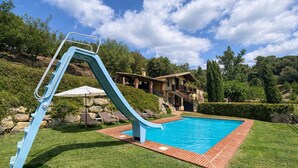 Ein Swimmingpool mit blauer Rutsche, umgeben von einem gepflegten Rasen und einer Steinmauer.