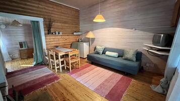 A cozy living room with wooden walls, a blue sofa, a wooden dining table with chairs, a red and pink rug, and a television on a shelf.
