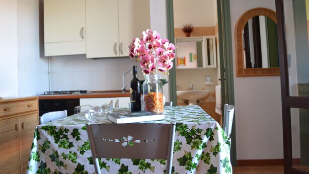 Uma cozinha com armários brancos, uma mesa com toalha verde e branca e uma cadeira com padrão floral.