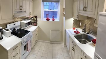 Fridge, microwave, coffee/tea maker, cookware/dishes/utensils