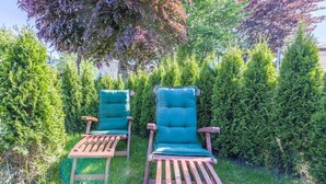 Dos sillones de madera con cojines verdes en un jardín.