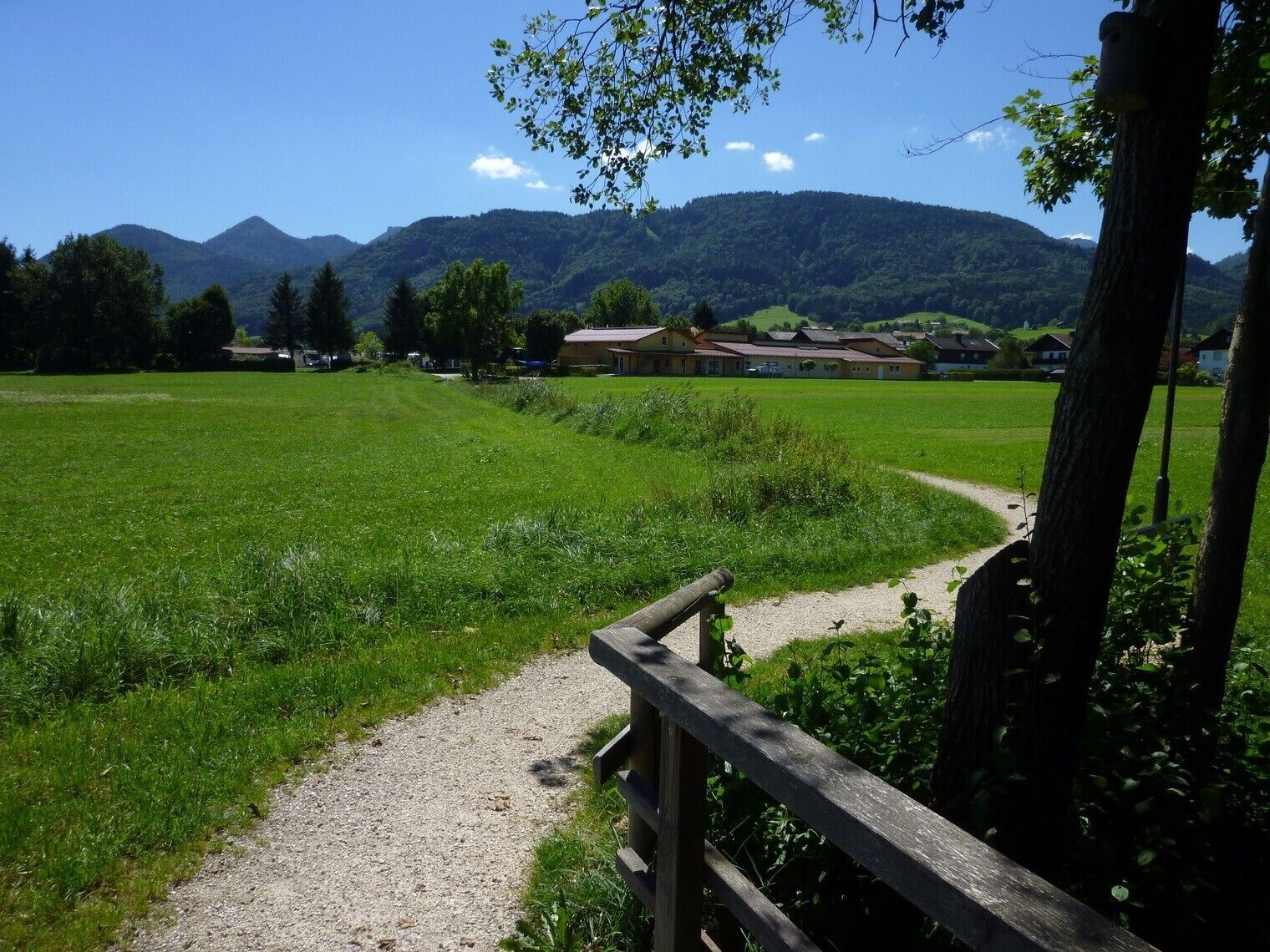 A rural landscape with a gravel path, wooden fence, and houses in the background.