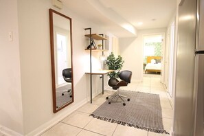 1 bedroom, desk, laptop workspace, iron/ironing board