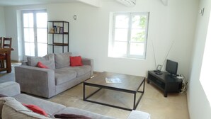 Un salon avec un canapé gris, un coussin rouge, une table basse, un meuble pour la télévision et une bibliothèque.