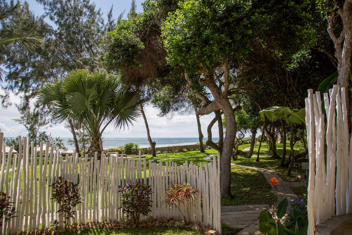 A garden with a wooden fence, palm trees, and a pathway leading to a view of the ocean.