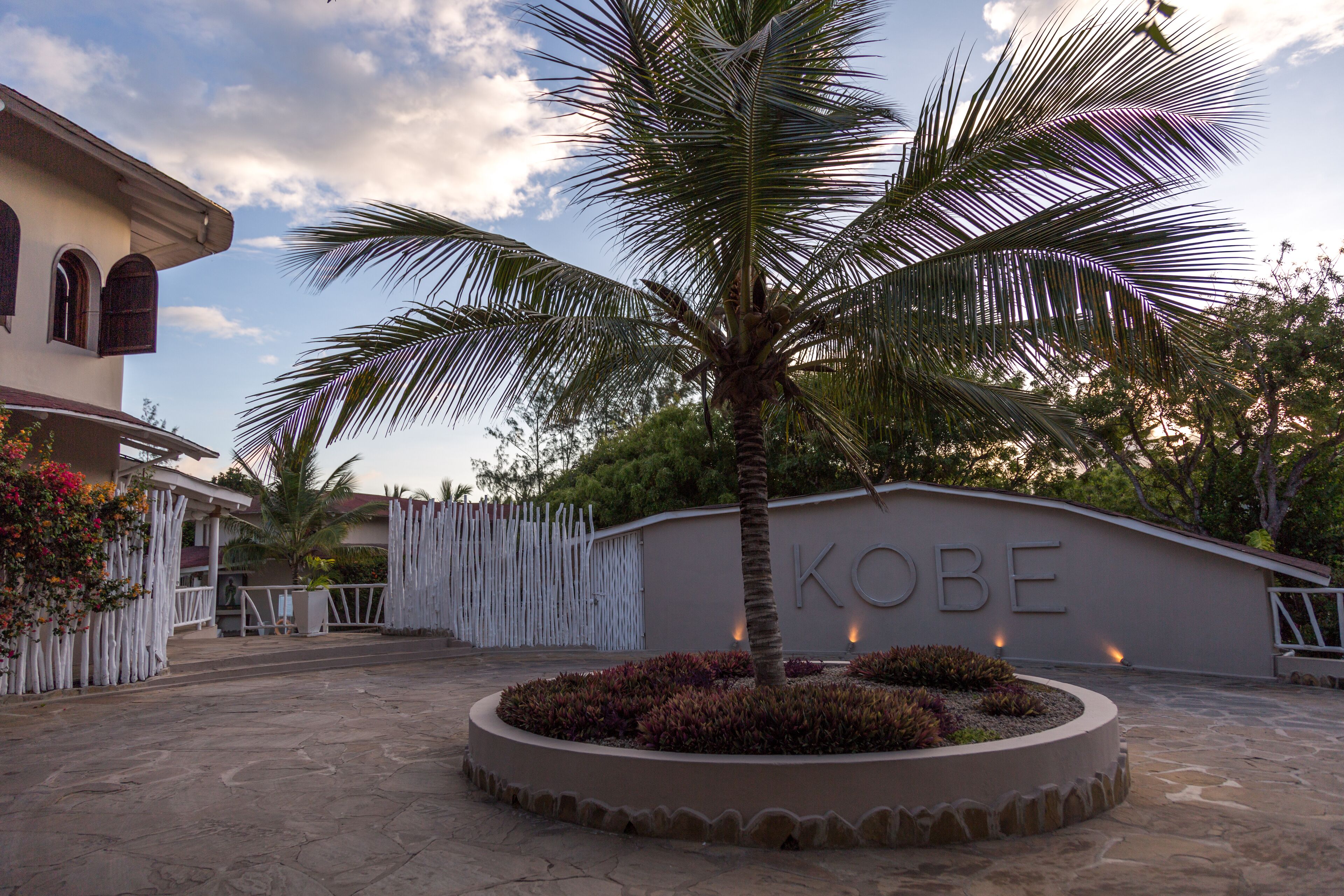 A building with a sign that reads "KOBE" and a palm tree in the center.