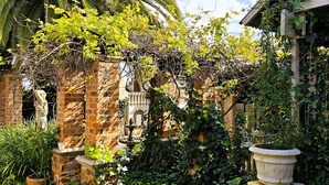A garden with a brick wall, a palm tree, and a fountain. - Maison de Leo Luxury Guesthouse (Pretoria)