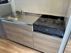 Frigorífico, microondas, placa de cocina y hervidor eléctrico