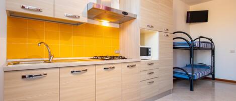 Kühlschrank, Mikrowelle, Herdplatte, Kochgeschirr/Geschirr/Besteck