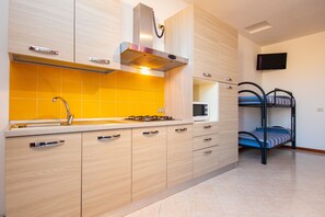 Geladeira, micro-ondas, cooktop, talheres/pratos/utensílios de cozinha