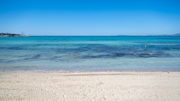 A beach with clear water, a sandy shore, and distant land.