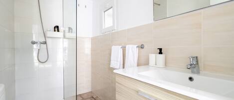 Douche, séchoir à cheveux, serviettes fournies