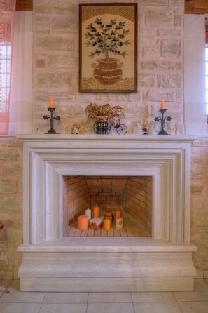 Villa, 3 Bedrooms, Smoking, Private Pool | Living area | Fireplace, books - Traditional Stone Villa Phaedra With Private Pool Near Beach (Rethymno)