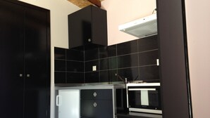 A modern kitchen with black cabinets, a built-in microwave, and a glass-fronted refrigerator. - New and Colorful Studio Near Airport and Beach in Heraklion (Heraklion)