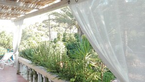 Uma área externa coberta com um banco de concreto, vegetação exuberante e uma estrutura de pérgola.
